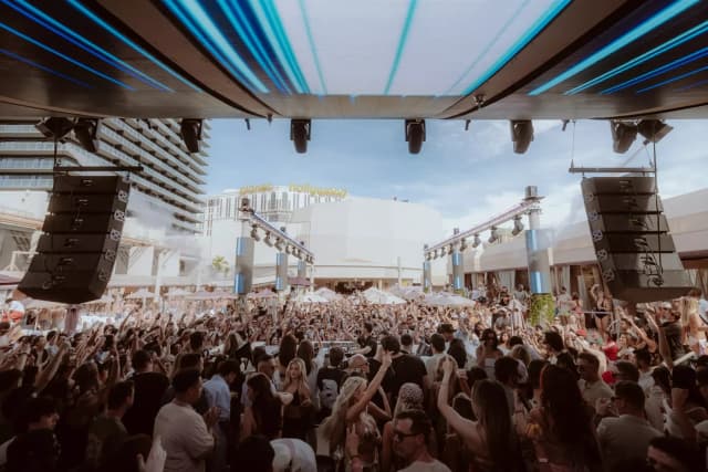 Crowd beneath the stage canopy at Marquee Dayclub Las Vegas