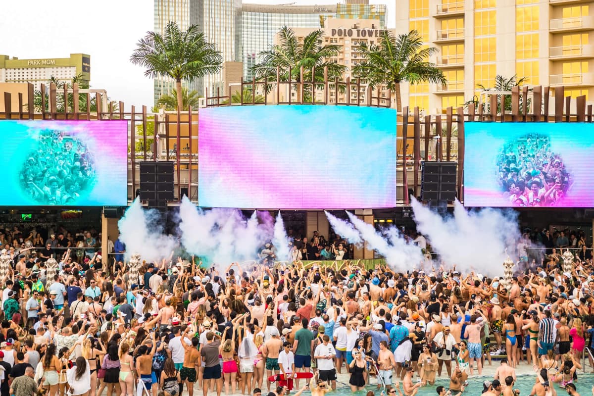 Palm Tree Beach Club Las Vegas — Pool crowd and performance stage