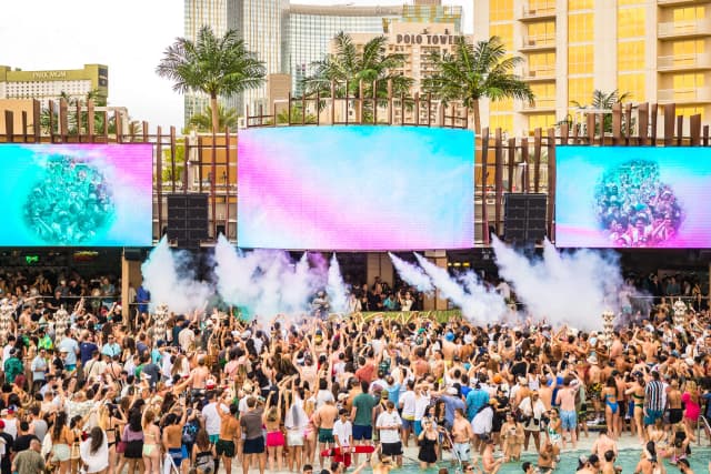 Palm Tree Beach Club Las Vegas — Pool crowd and performance stage